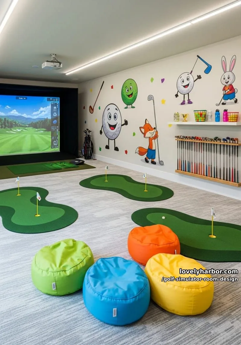15 Chic Golf Simulator Room Designs to Help Update Your Space! 31 family-friendly golf playroom with putting mats, bean bags, and wall decals 1