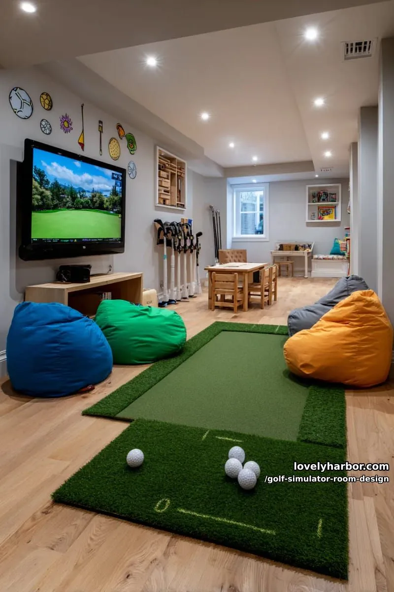15 Chic Golf Simulator Room Designs to Help Update Your Space! 32 family-friendly golf playroom with putting mats, bean bags, and wall decals 1