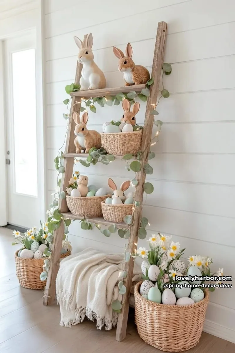 27 Gorgeous Spring Decor Ideas to Brighten Your Home 34 farmhouse ladder decorated with rabbit figurines and soft greenery sprigs 1