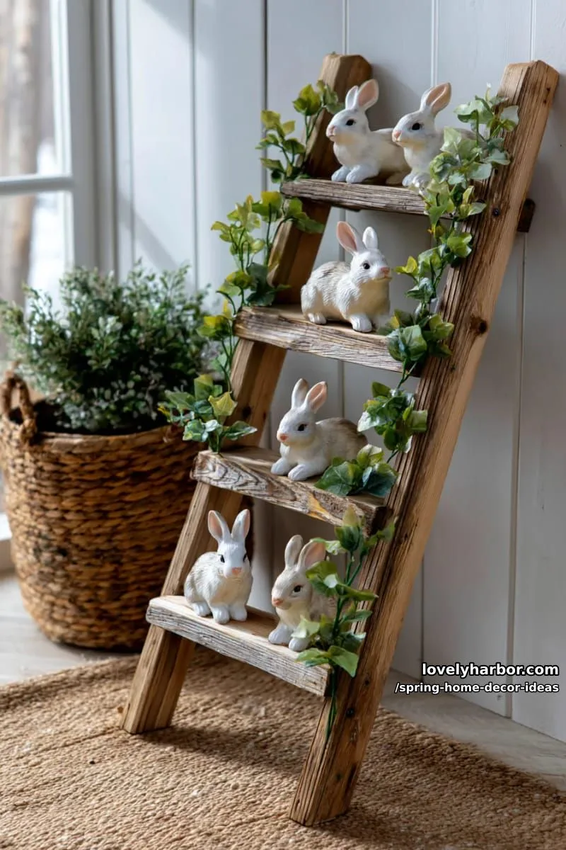 27 Gorgeous Spring Decor Ideas to Brighten Your Home 35 farmhouse ladder decorated with rabbit figurines and soft greenery sprigs 1