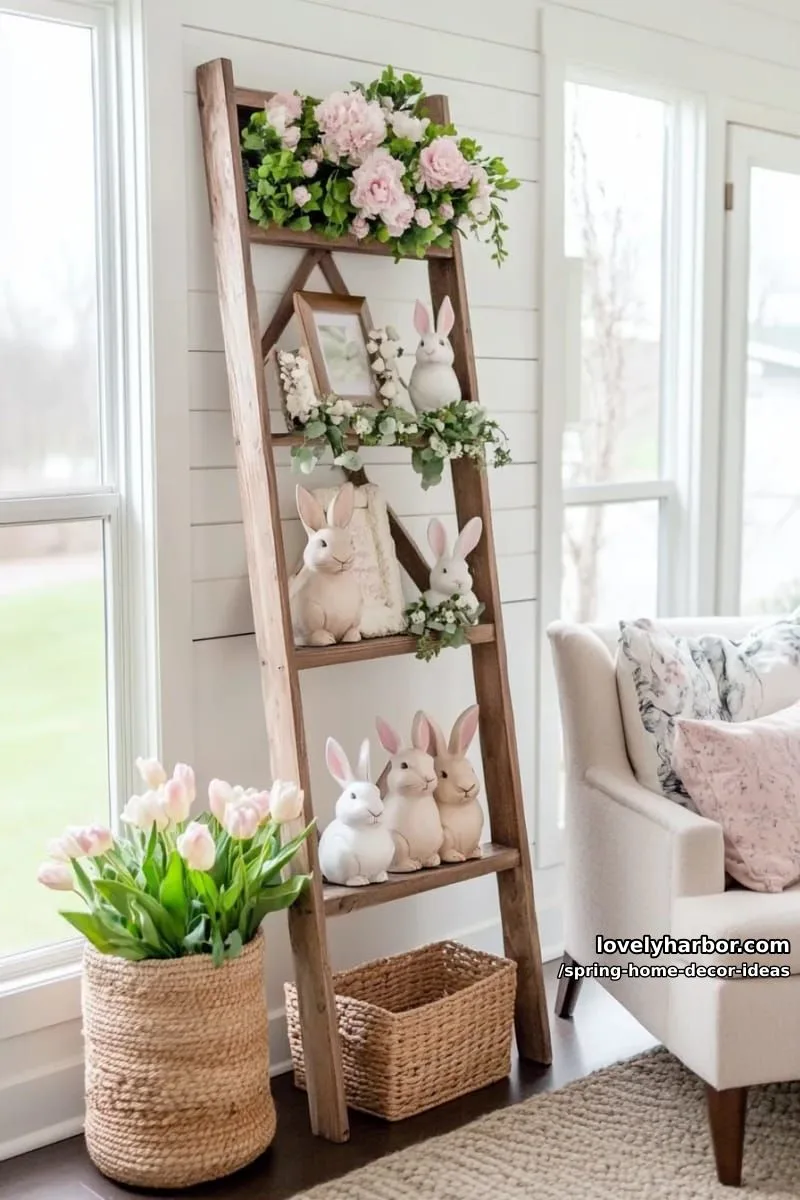 27 Gorgeous Spring Decor Ideas to Brighten Your Home 36 farmhouse ladder decorated with rabbit figurines and soft greenery sprigs 1