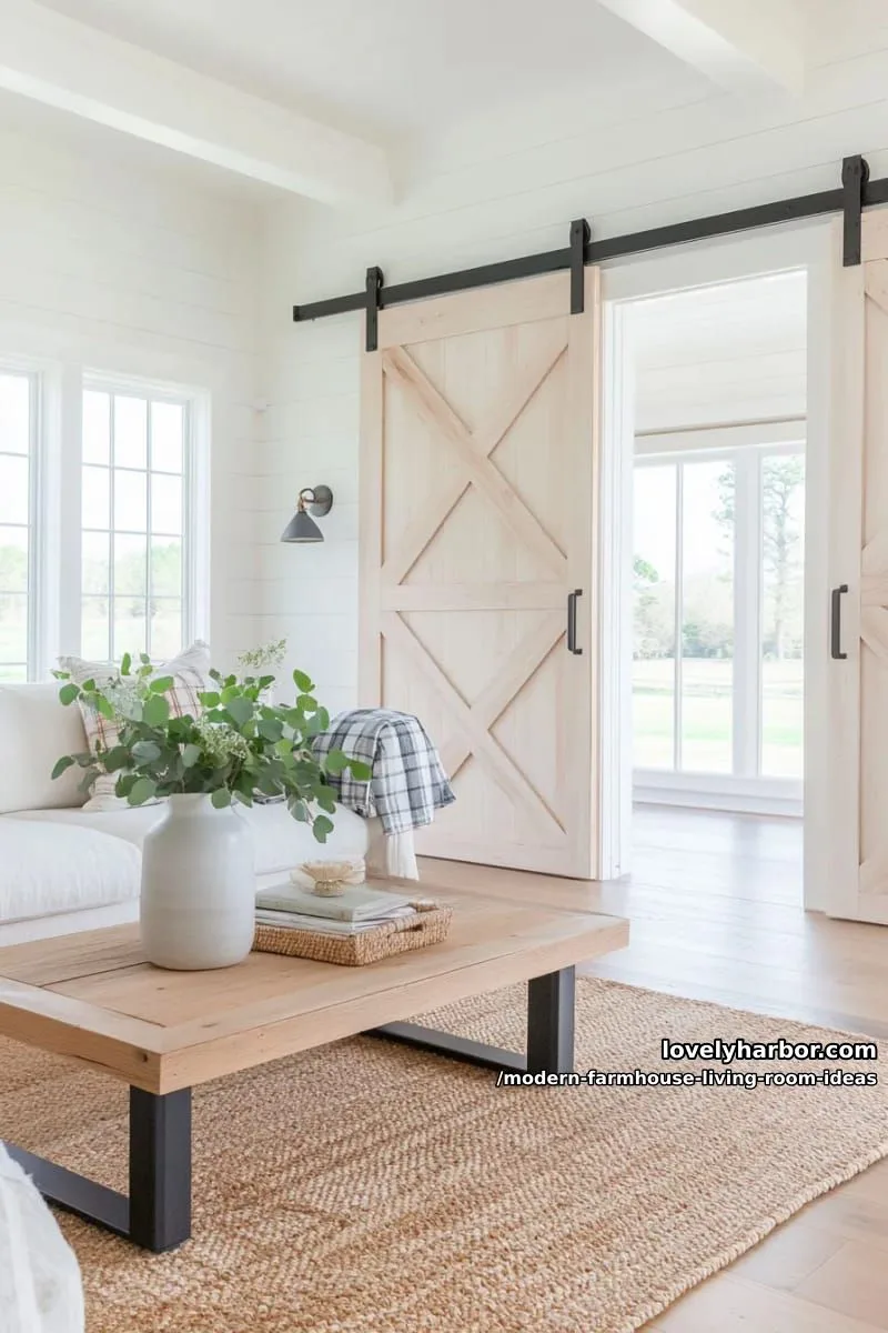 15 Modern Farmhouse Living Room Ideas for a Fresh Atmosphere 16 farmhouse sliding barn doors with contemporary black hardware 1