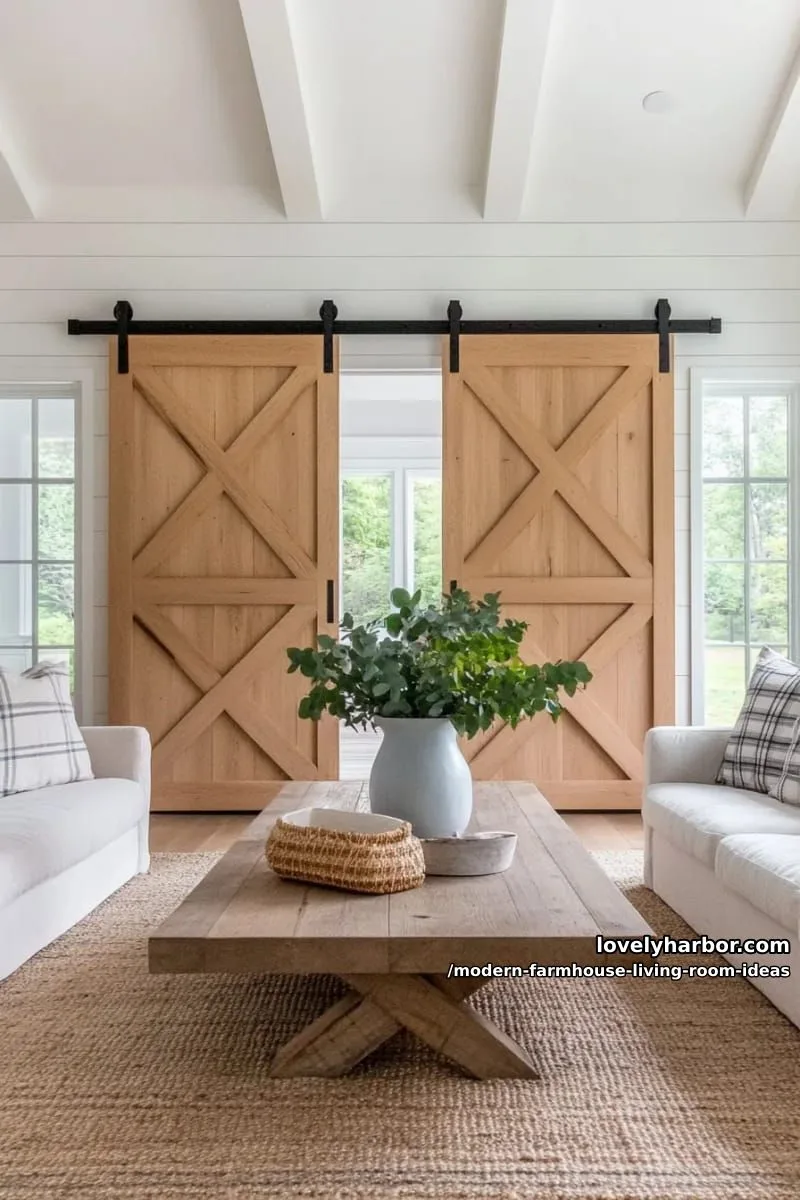 15 Modern Farmhouse Living Room Ideas for a Fresh Atmosphere 17 farmhouse sliding barn doors with contemporary black hardware 1