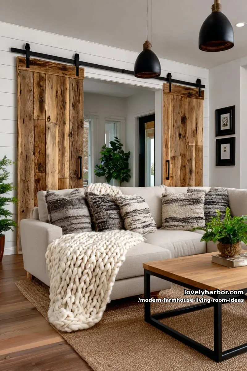 15 Modern Farmhouse Living Room Ideas for a Fresh Atmosphere 18 farmhouse sliding barn doors with contemporary black hardware 1