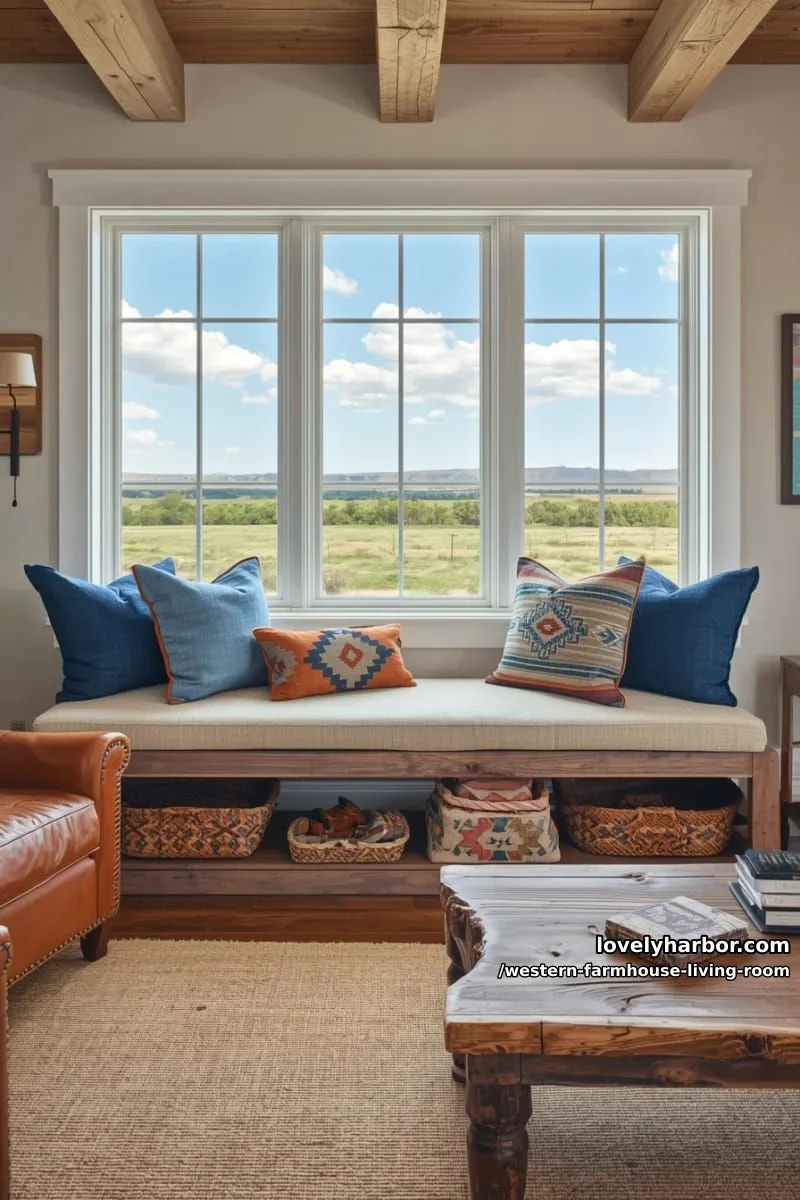 farmhouse window bench with denim pillows and southwestern motif cushions 1