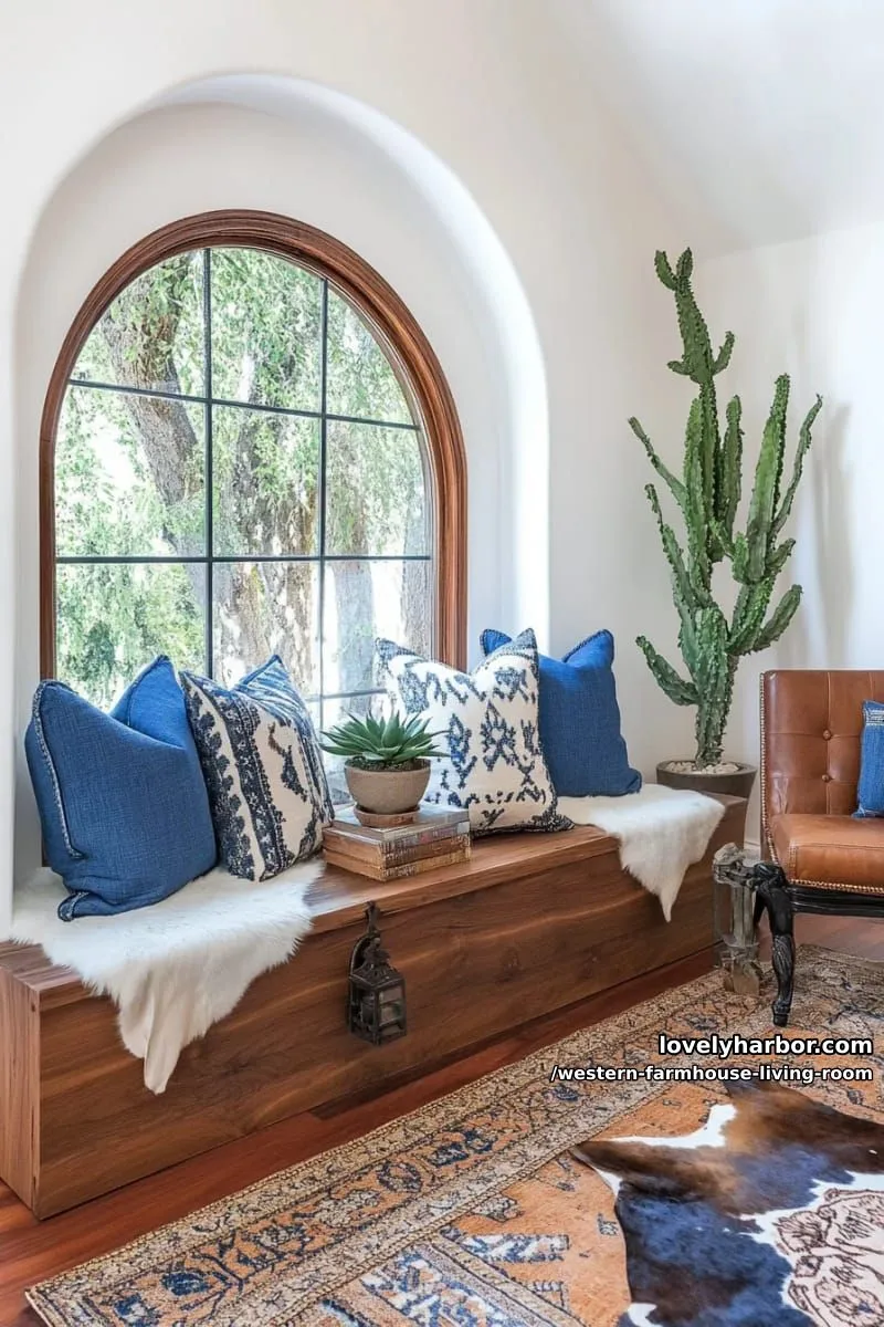 farmhouse window bench with denim pillows and southwestern motif cushions 1