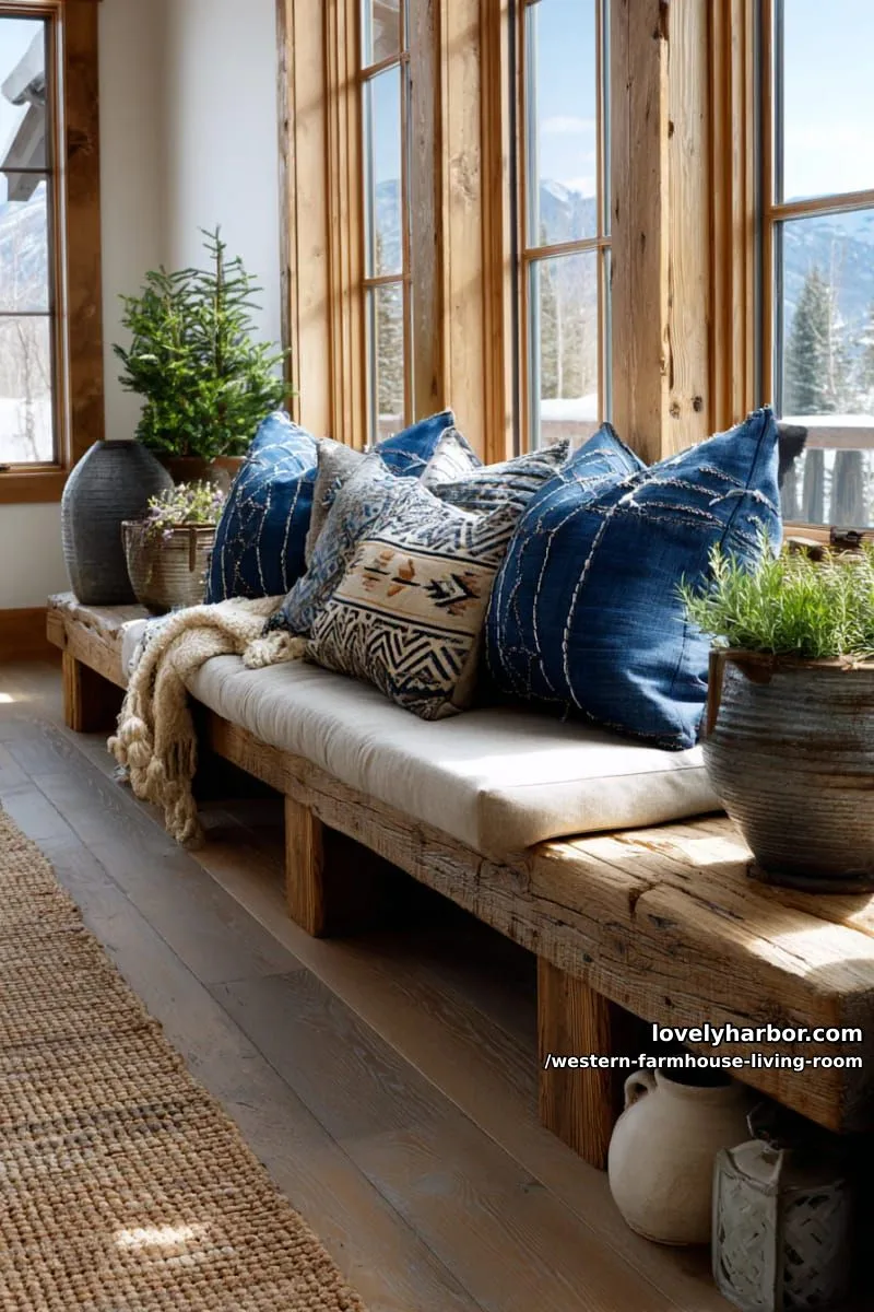 farmhouse window bench with denim pillows and southwestern motif cushions 1