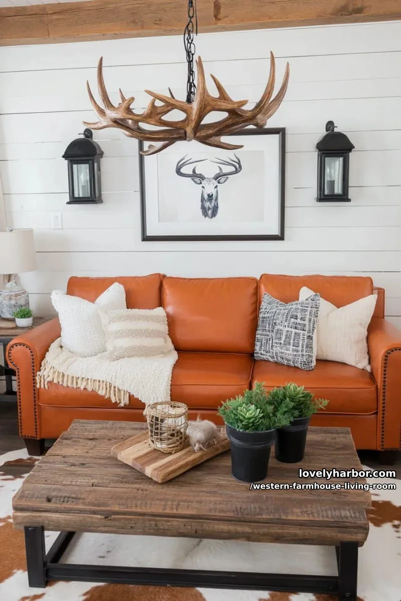 faux antler chandelier paired with black metal farmhouse lanterns 1