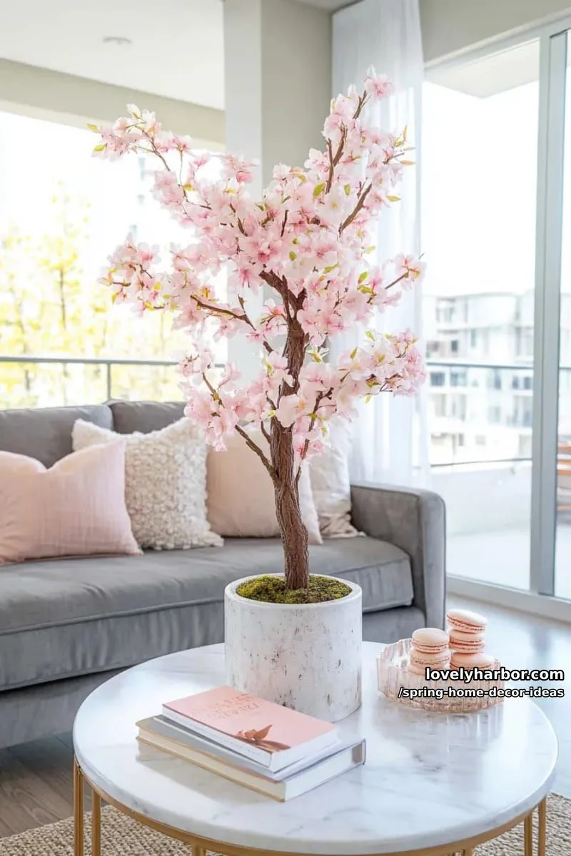27 Gorgeous Spring Decor Ideas to Brighten Your Home 60 faux cherry blossom tree centerpiece for dramatic living room flair 1