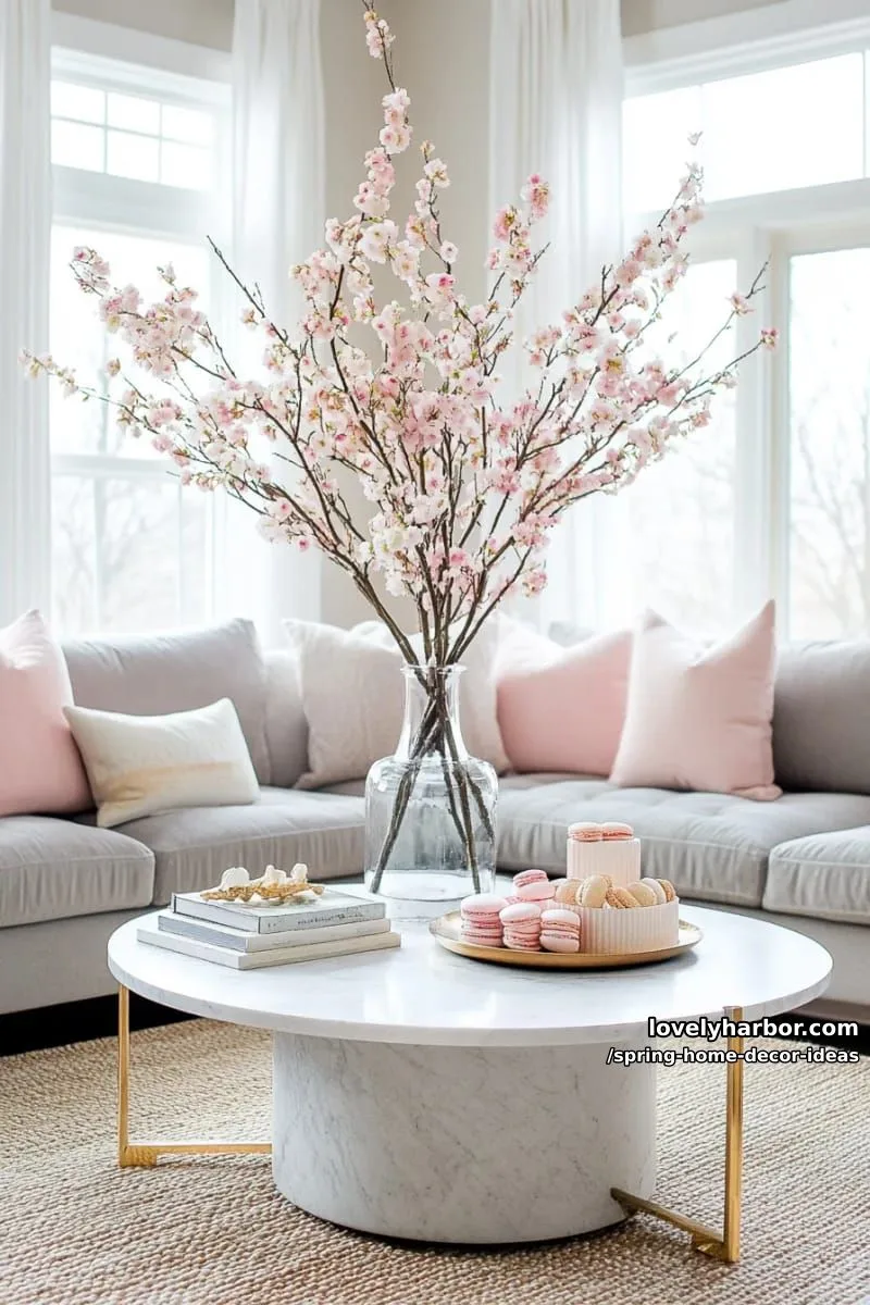 27 Gorgeous Spring Decor Ideas to Brighten Your Home 61 faux cherry blossom tree centerpiece for dramatic living room flair 1
