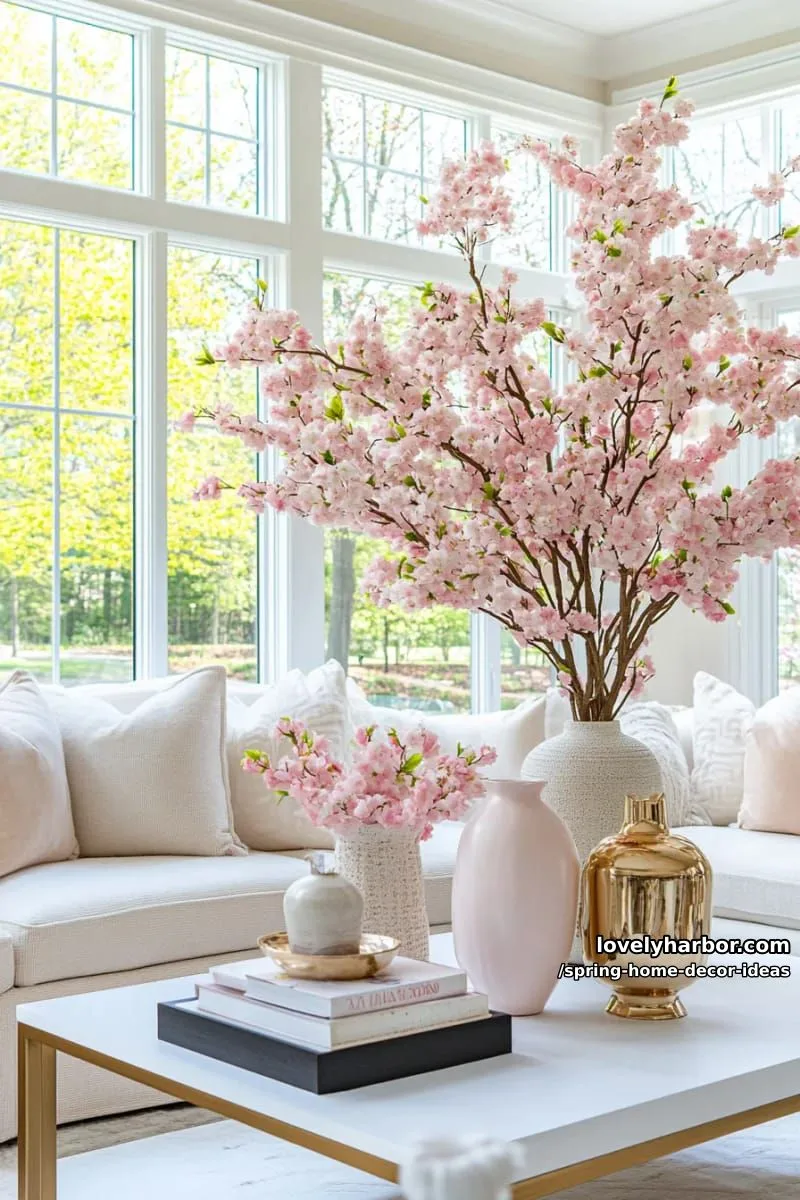 27 Gorgeous Spring Decor Ideas to Brighten Your Home 62 faux cherry blossom tree centerpiece for dramatic living room flair 1