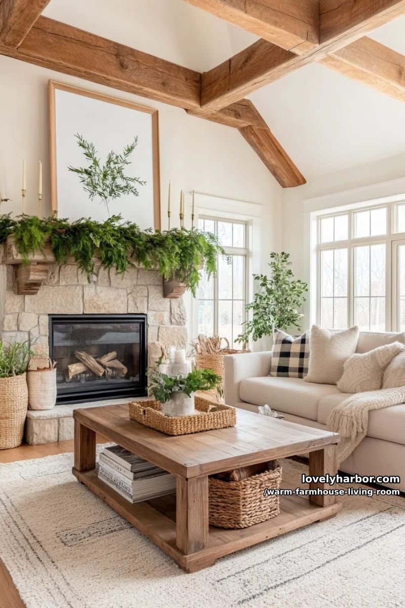 15 Ways to Style a Warm Farmhouse Living Room 12 feature a stone fireplace mantel adorned with greenery and rustic candlesticks 1