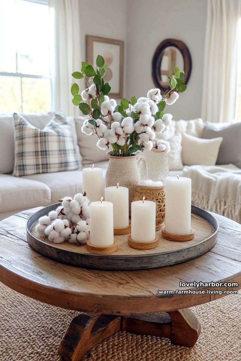 15 Ways to Style a Warm Farmhouse Living Room 26 fill a galvanized metal tray with pillar candles and cotton stems for the table 1