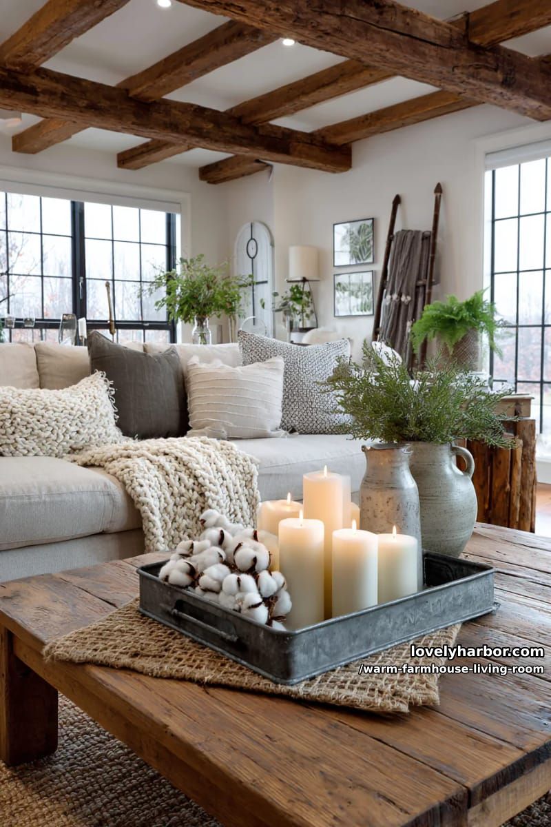 15 Ways to Style a Warm Farmhouse Living Room 27 fill a galvanized metal tray with pillar candles and cotton stems for the table 1