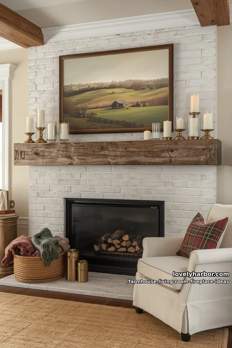 fireplace wall with large farmhouse landscape painting and layered candle groupings 1