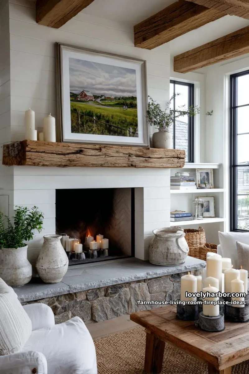 fireplace wall with large farmhouse landscape painting and layered candle groupings 1