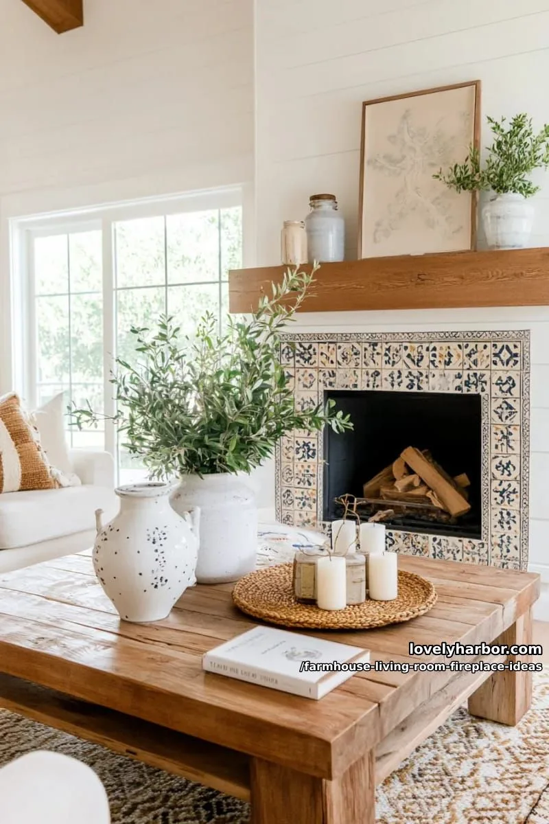 fireplace with statement tile surround featuring geometric or moroccan-inspired patterns 1