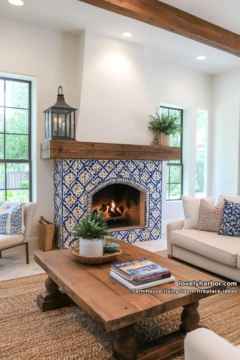 fireplace with statement tile surround featuring geometric or moroccan-inspired patterns 1