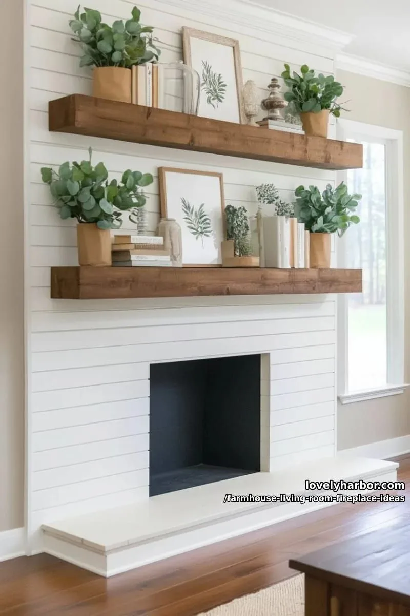 fireplace with symmetrical floating wood shelves and potted eucalyptus arrangements 1