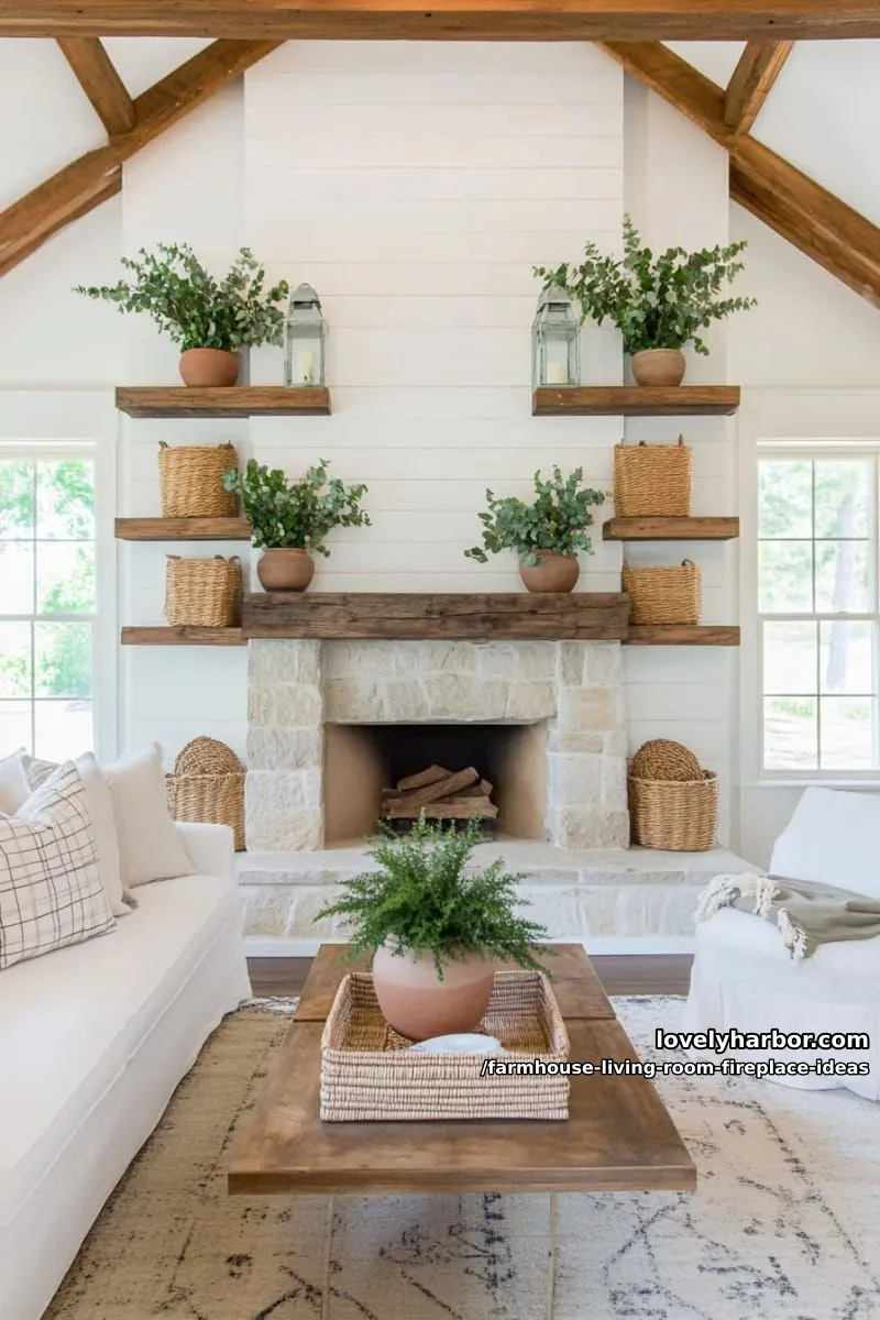 fireplace with symmetrical floating wood shelves and potted eucalyptus arrangements 1
