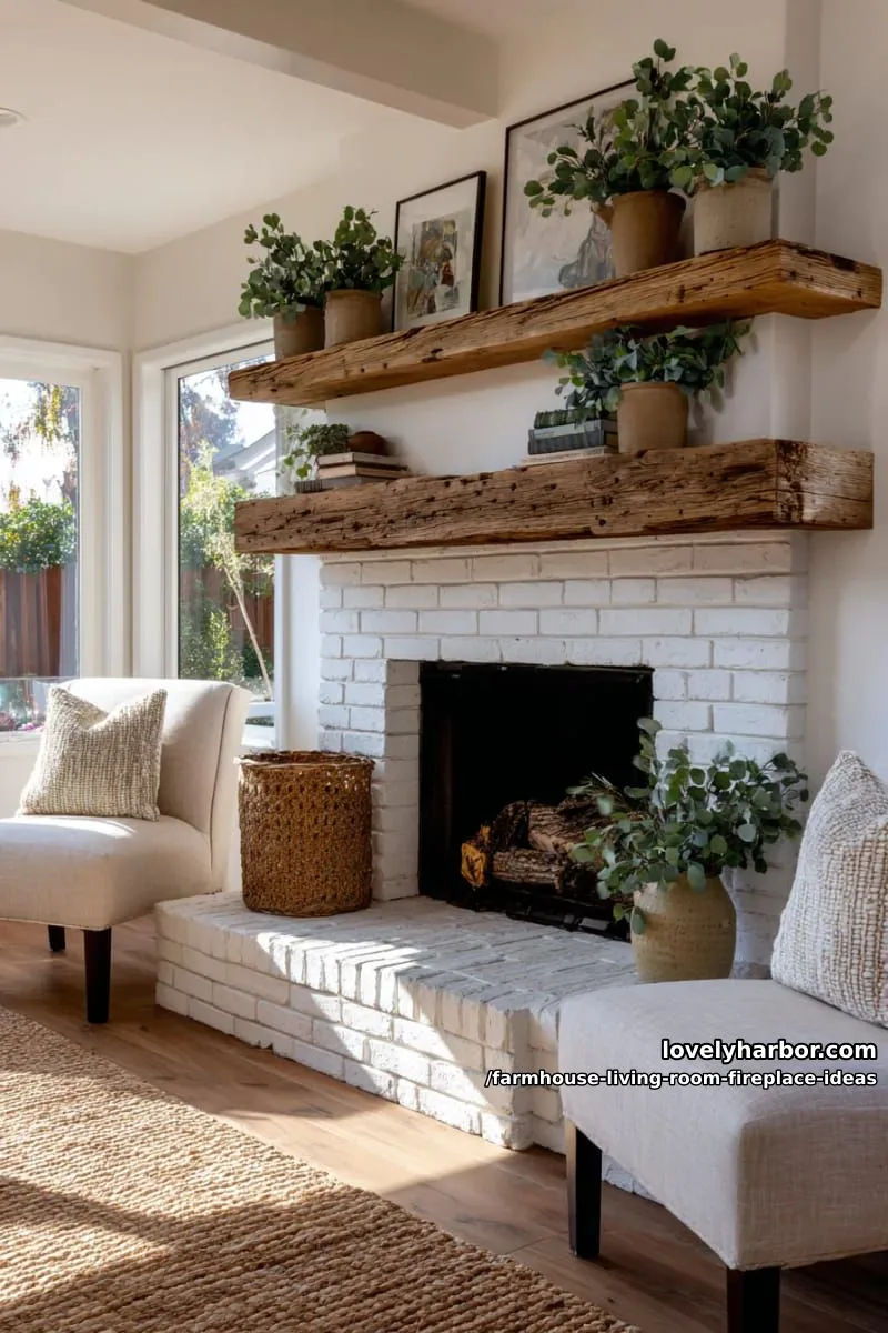 fireplace with symmetrical floating wood shelves and potted eucalyptus arrangements 1