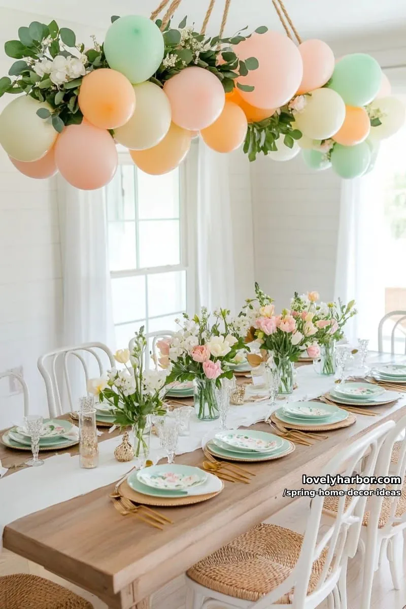 27 Gorgeous Spring Decor Ideas to Brighten Your Home 57 floating balloon garland intertwined with greenery for a festive spring party touch 1