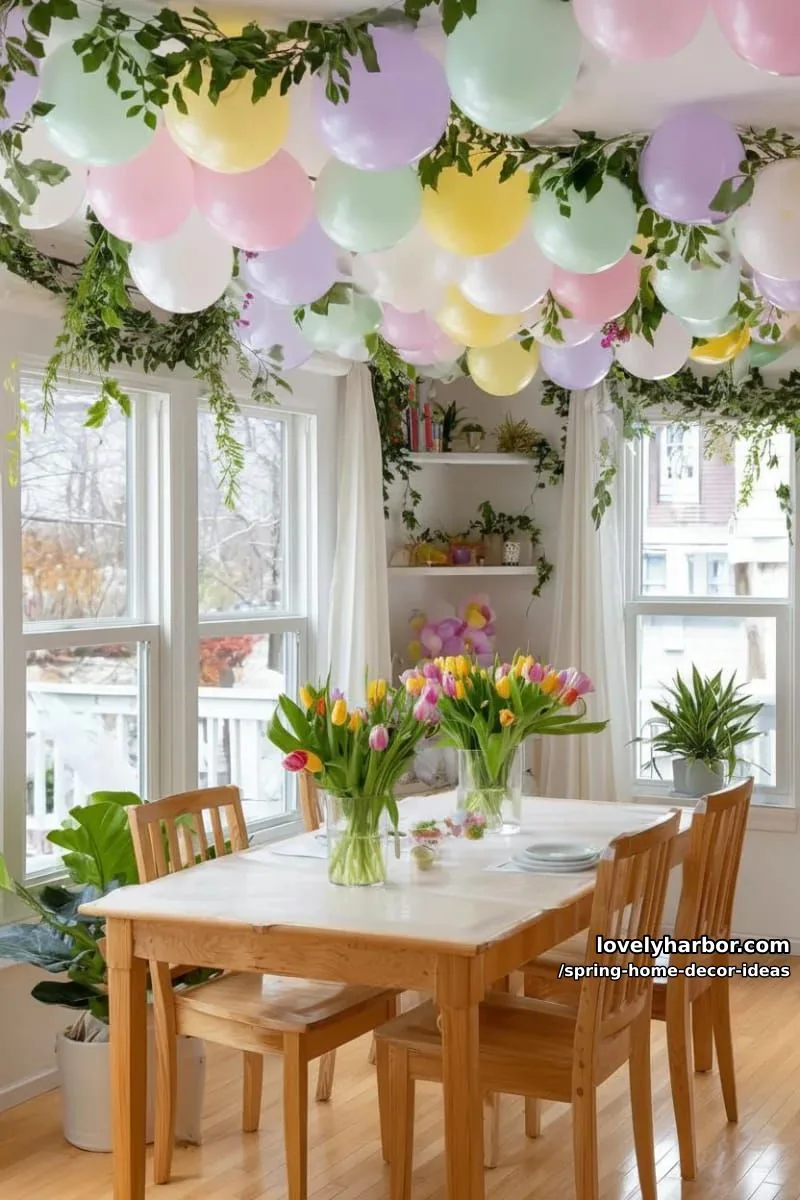 27 Gorgeous Spring Decor Ideas to Brighten Your Home 58 floating balloon garland intertwined with greenery for a festive spring party touch 1