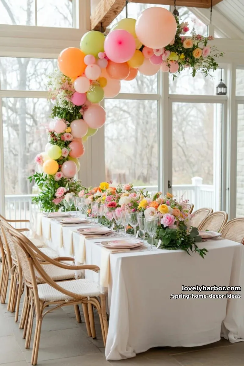 27 Gorgeous Spring Decor Ideas to Brighten Your Home 59 floating balloon garland intertwined with greenery for a festive spring party touch 1