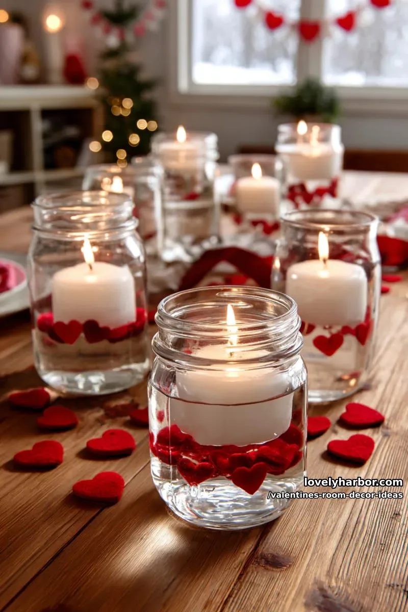 15 Valentine's Room Decor Ideas for a Romantic Ambiance 33 floating candles in glass jars with mini red hearts for soft ambiance 1