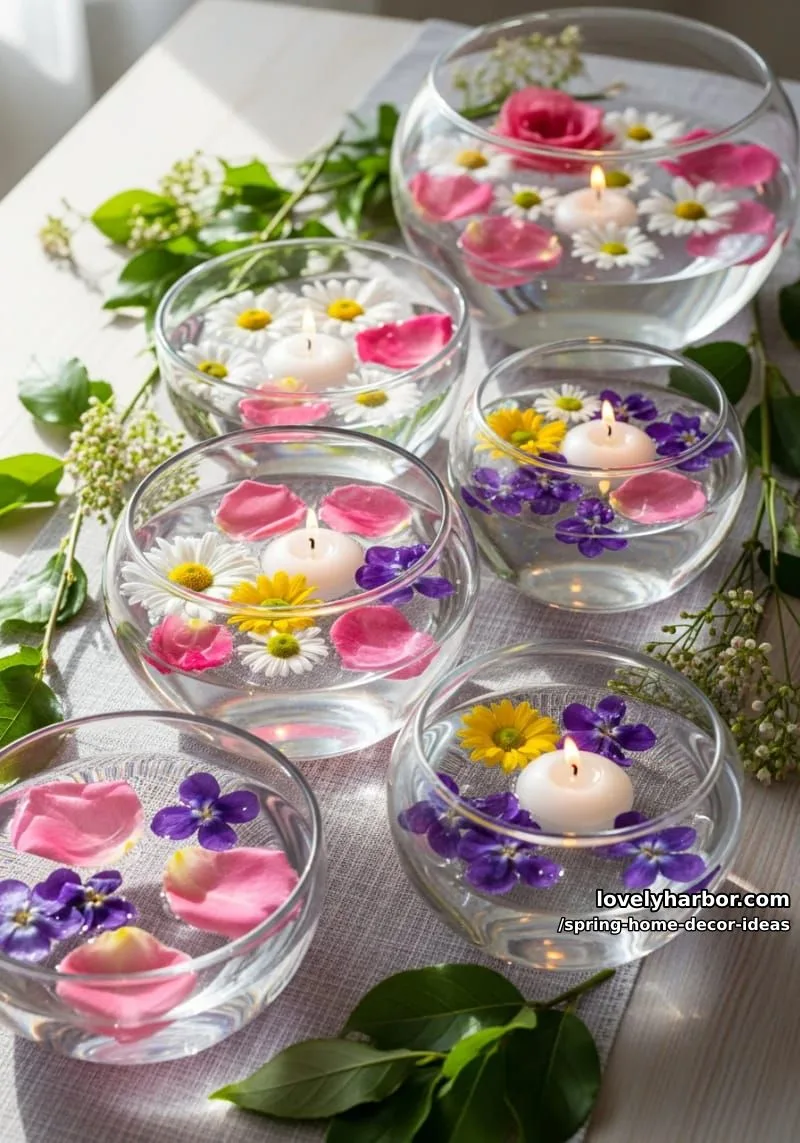 27 Gorgeous Spring Decor Ideas to Brighten Your Home 21 floating flower petals in clear bowls with floating candles for dreamy ambiance 1