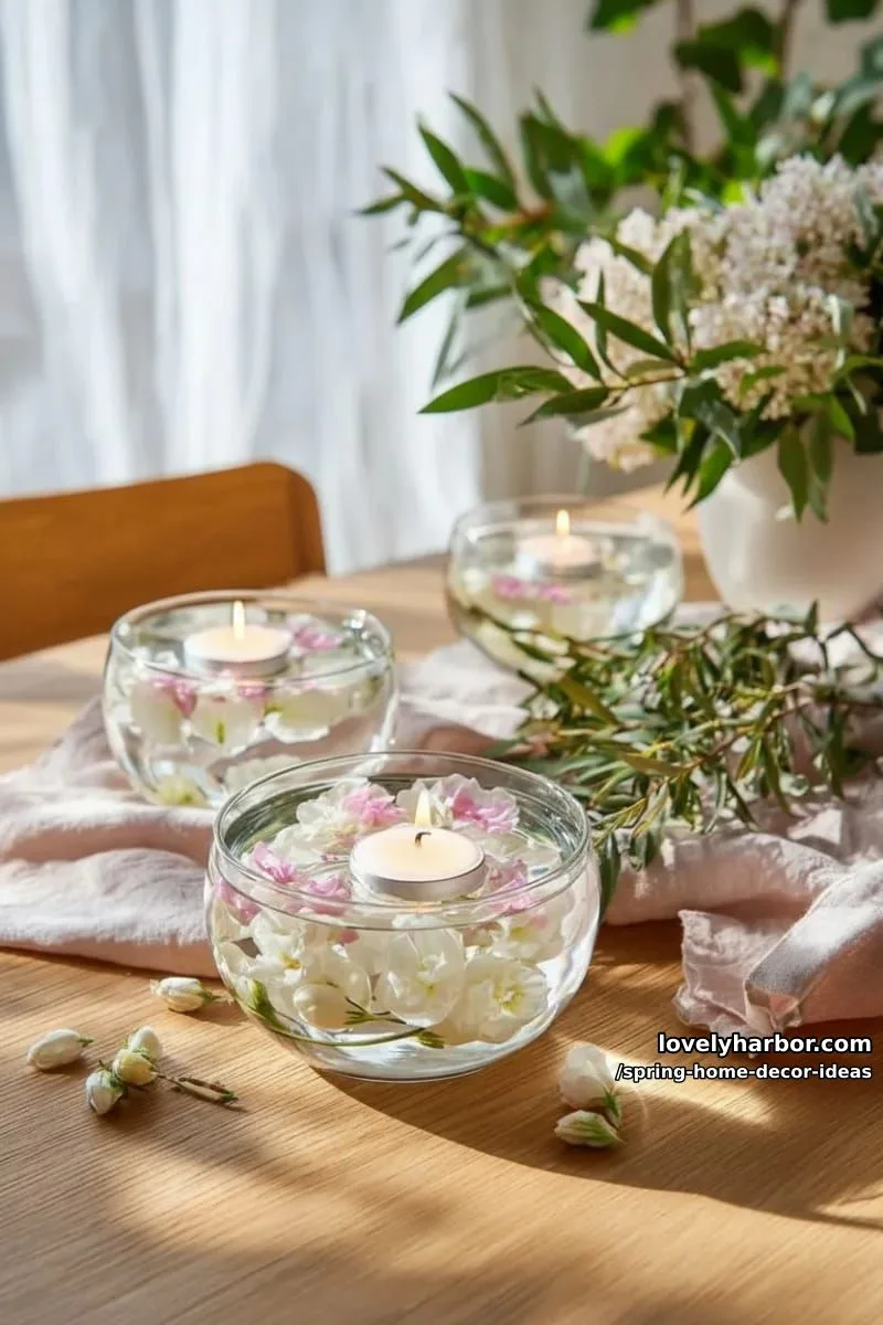 27 Gorgeous Spring Decor Ideas to Brighten Your Home 22 floating flower petals in clear bowls with floating candles for dreamy ambiance 1