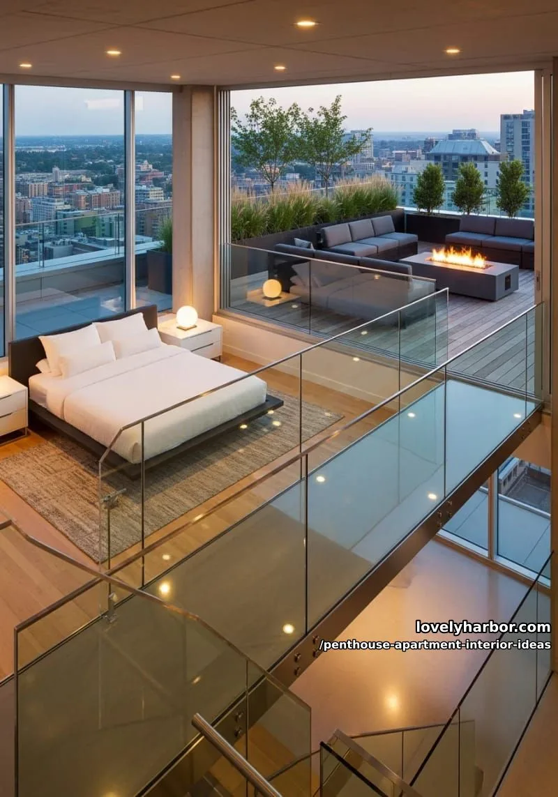29 Stunning Penthouse Apartment Interior Design Ideas for a Fresh New Look 68 floating glass bridge connecting bedroom and rooftop lounge 1