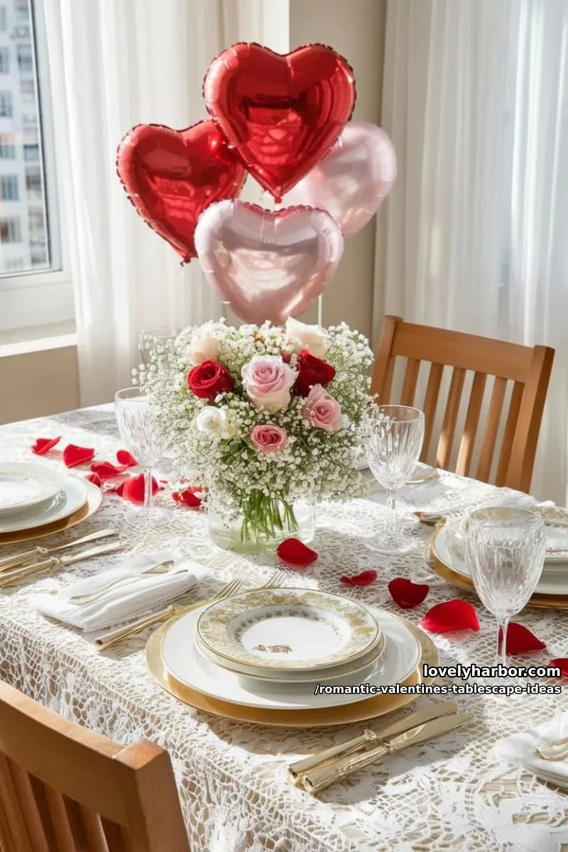 floating heart balloons above a table dressed in layered lace textiles 1