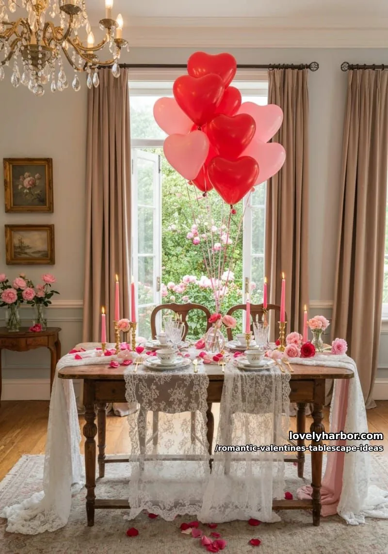 floating heart balloons above a table dressed in layered lace textiles 1
