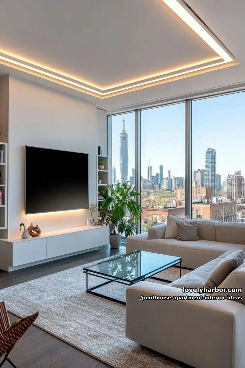 29 Stunning Penthouse Apartment Interior Design Ideas for a Fresh New Look 39 floating media wall with concealed ambient led strip lighting 1