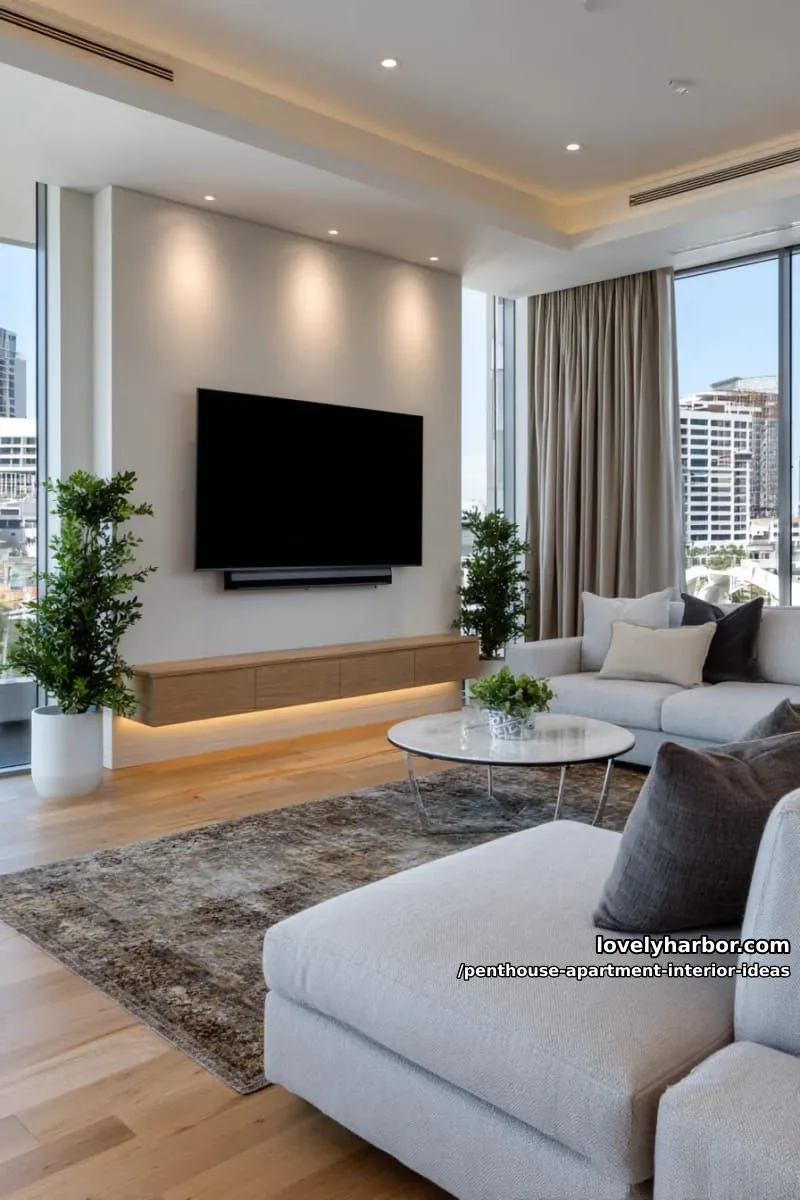 29 Stunning Penthouse Apartment Interior Design Ideas for a Fresh New Look 41 floating media wall with concealed ambient led strip lighting 1