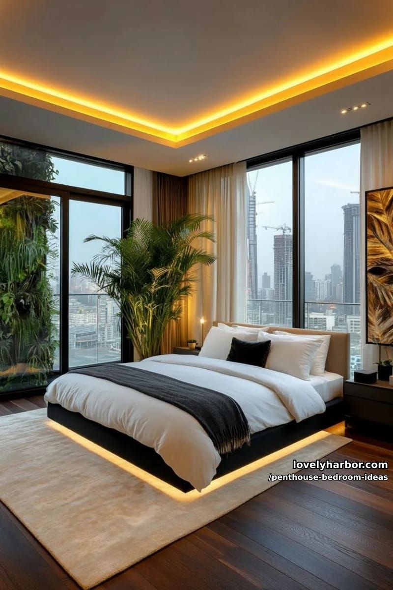 27 Modern Penthouse Bedroom Ideas That Wow 6 floating platform bed under recessed, golden ceiling lights for a modern bedroom oasis 1