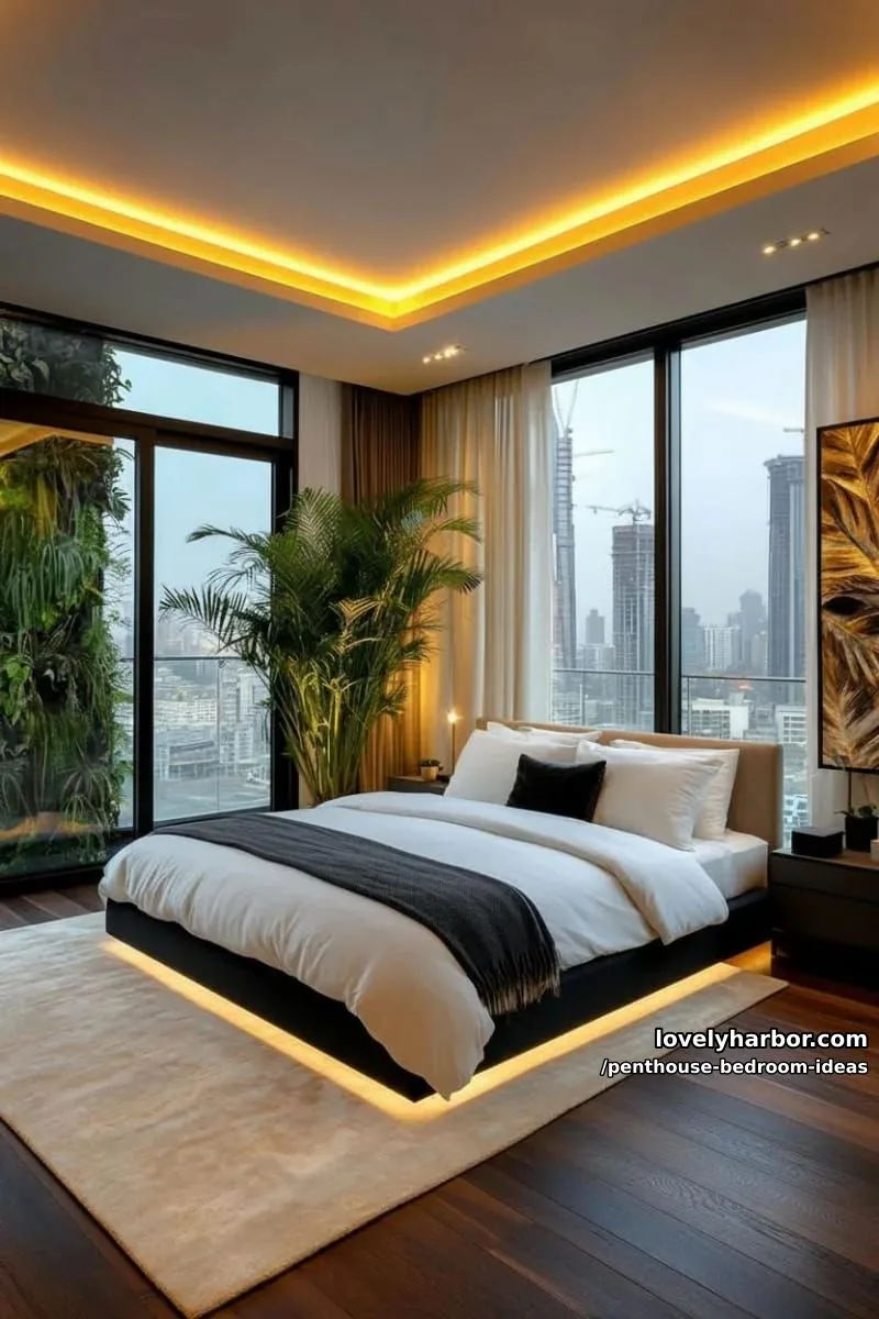 floating platform bed under recessed, golden ceiling lights for a modern bedroom oasis 1