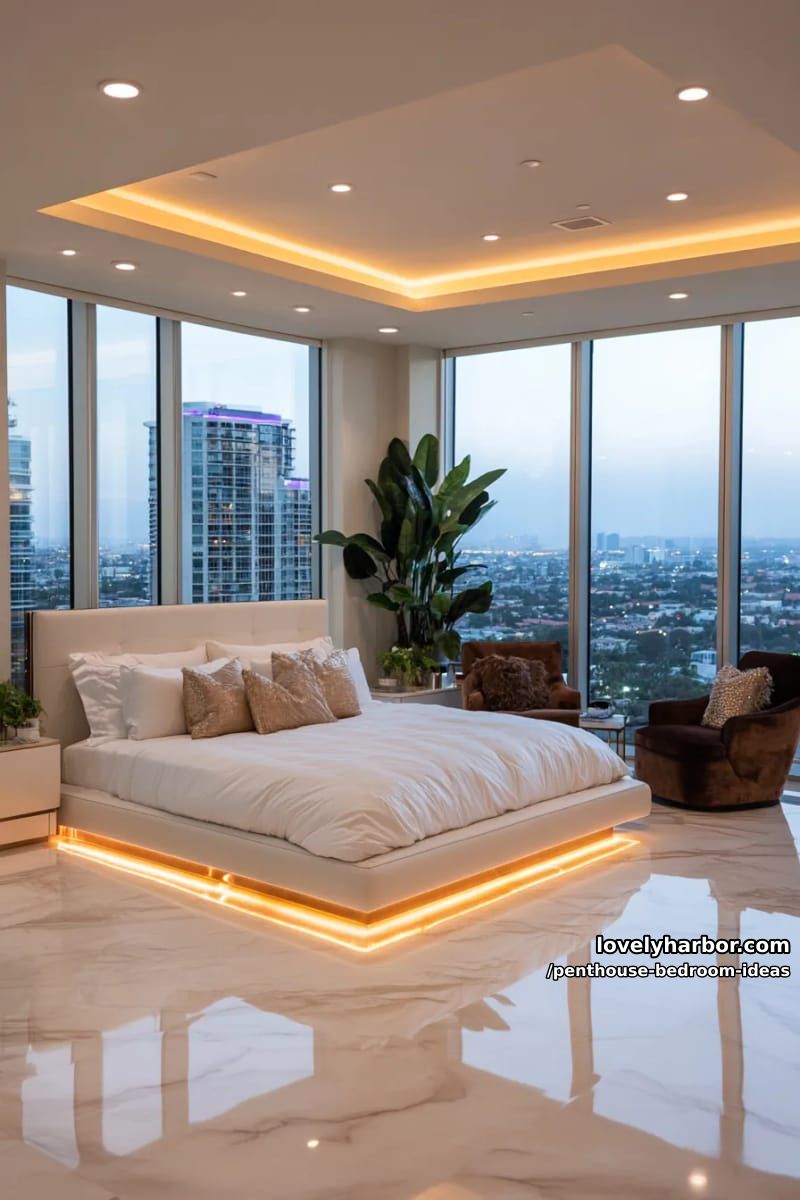 27 Modern Penthouse Bedroom Ideas That Wow 7 floating platform bed under recessed, golden ceiling lights for a modern bedroom oasis 1
