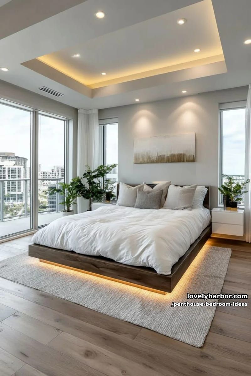 27 Modern Penthouse Bedroom Ideas That Wow 8 floating platform bed under recessed, golden ceiling lights for a modern bedroom oasis 1