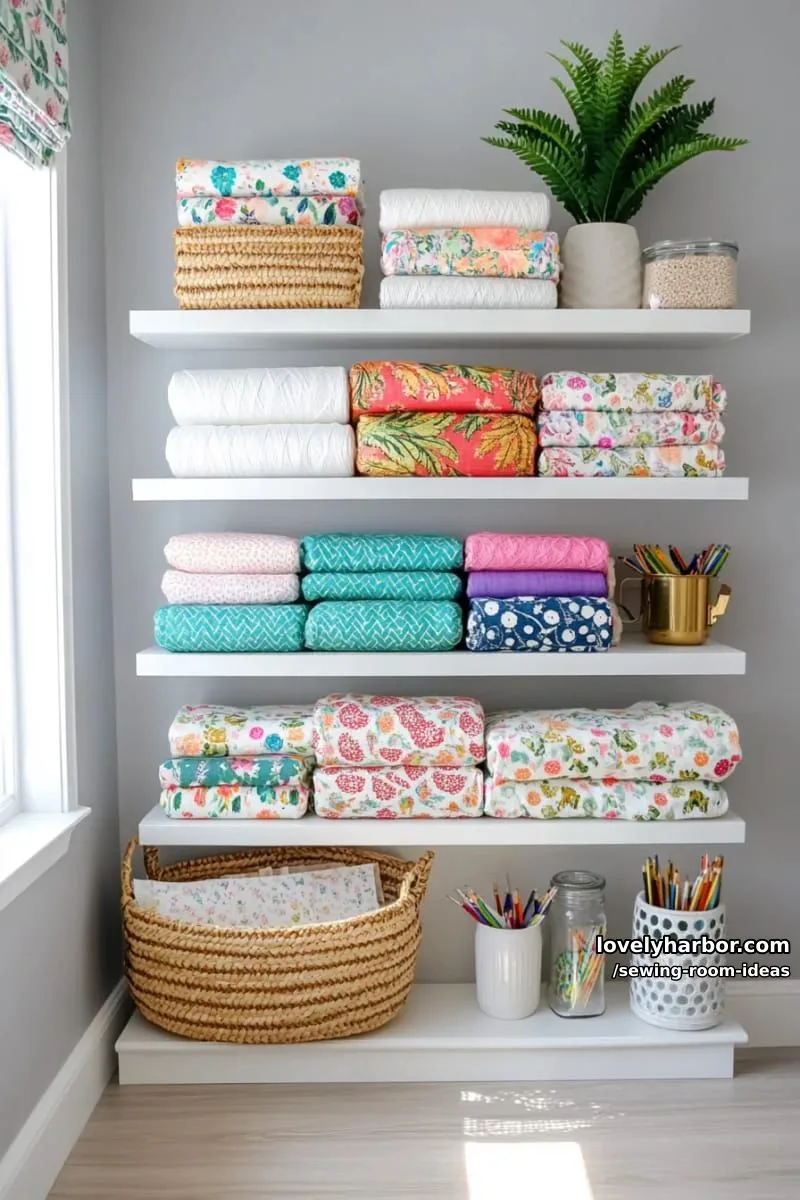 15 Creative Sewing Room Design Ideas 5 floating white shelves with neatly stacked fabric bolts and patterned storage baskets 1