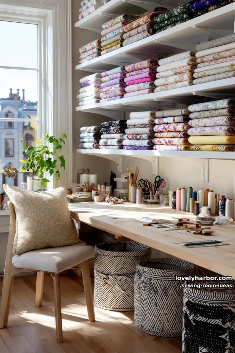 floating white shelves with neatly stacked fabric bolts and patterned storage baskets 1
