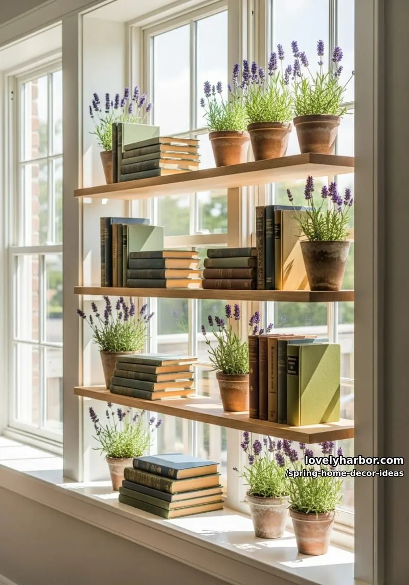 27 Gorgeous Spring Decor Ideas to Brighten Your Home 63 floating window shelves styled with mini lavender pots and vintage books 1