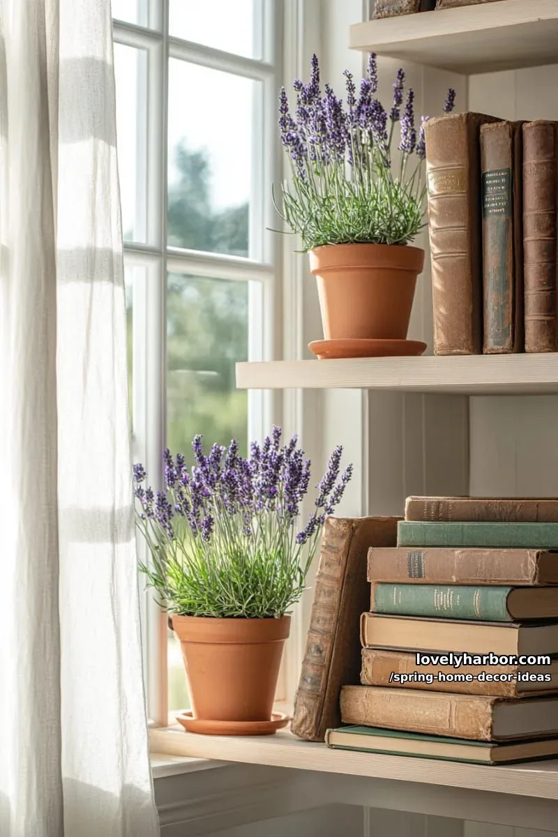 27 Gorgeous Spring Decor Ideas to Brighten Your Home 64 floating window shelves styled with mini lavender pots and vintage books 1