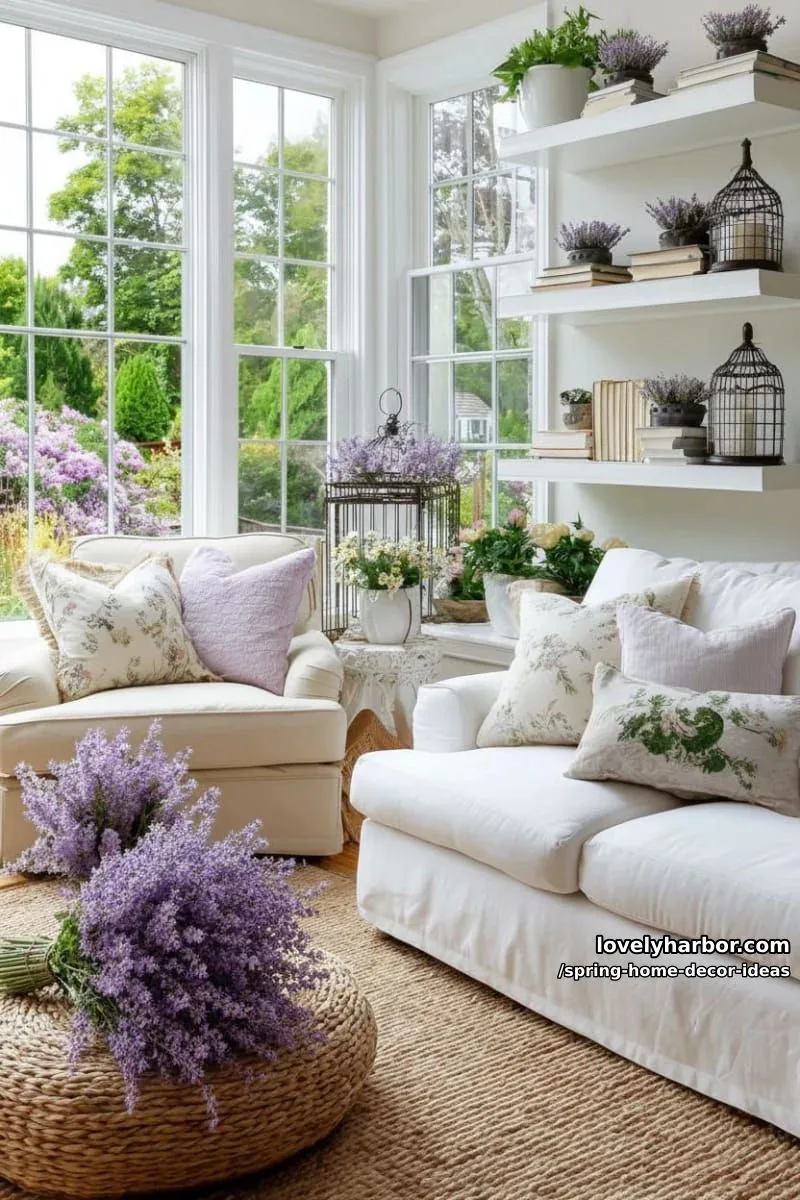 27 Gorgeous Spring Decor Ideas to Brighten Your Home 65 floating window shelves styled with mini lavender pots and vintage books 1