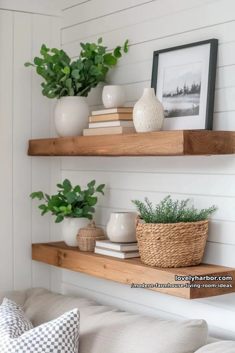 15 Modern Farmhouse Living Room Ideas for a Fresh Atmosphere 19 floating wood shelves styled with greenery and ceramic vases 1