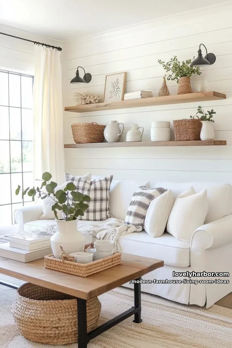 15 Modern Farmhouse Living Room Ideas for a Fresh Atmosphere 20 floating wood shelves styled with greenery and ceramic vases 1