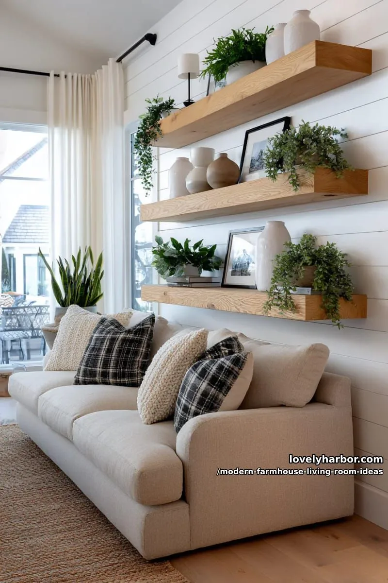 15 Modern Farmhouse Living Room Ideas for a Fresh Atmosphere 21 floating wood shelves styled with greenery and ceramic vases 1
