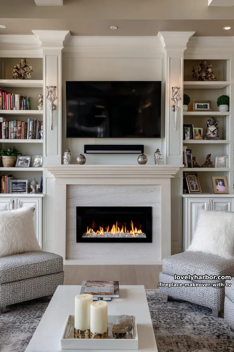 15 Elegant Ideas for Fireplace Makeover with TV 29 floor-to-ceiling bookcase flanking fireplace and tv for elegant storage 1