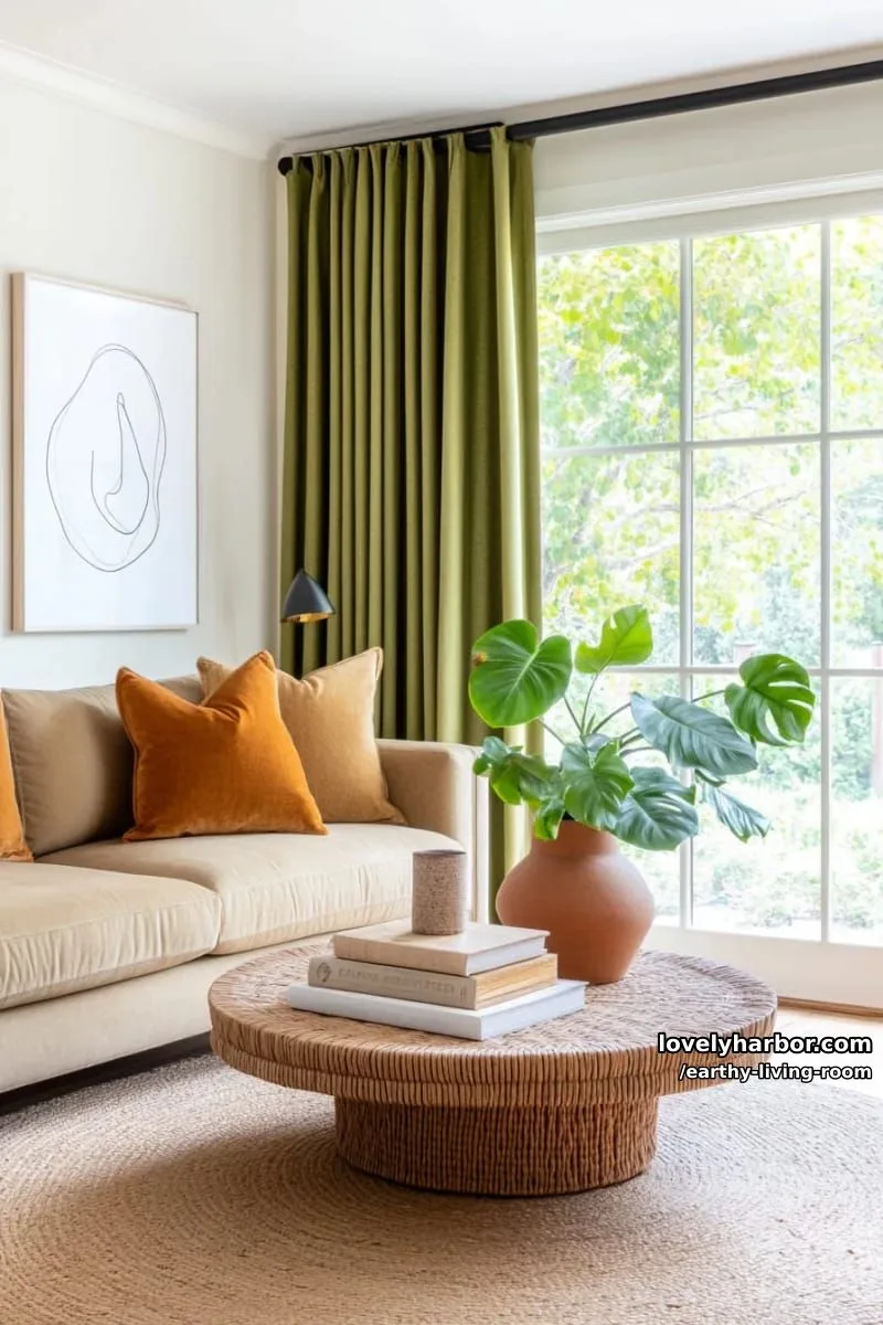Bring Nature Indoors: 15 Earthy Living Room Designs to Inspire 21 floor-to-ceiling windows framed by olive green linen curtains 1